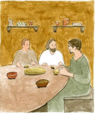 Jesus isst mit 2 Freunden das Abend-brot.